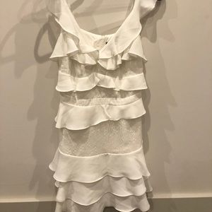 White asymmetrical ruffle Bardot short dress